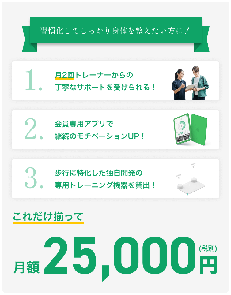 習慣化してしっかり体を整えたい方に！月2回トレーナーからの丁寧なサポートが受けられる、会員専用アプリで継続のモチベーションアップ、歩行に特化した独自機能のトレーニングマシンを貸し出し、これだけ揃って月額税別25,000円！